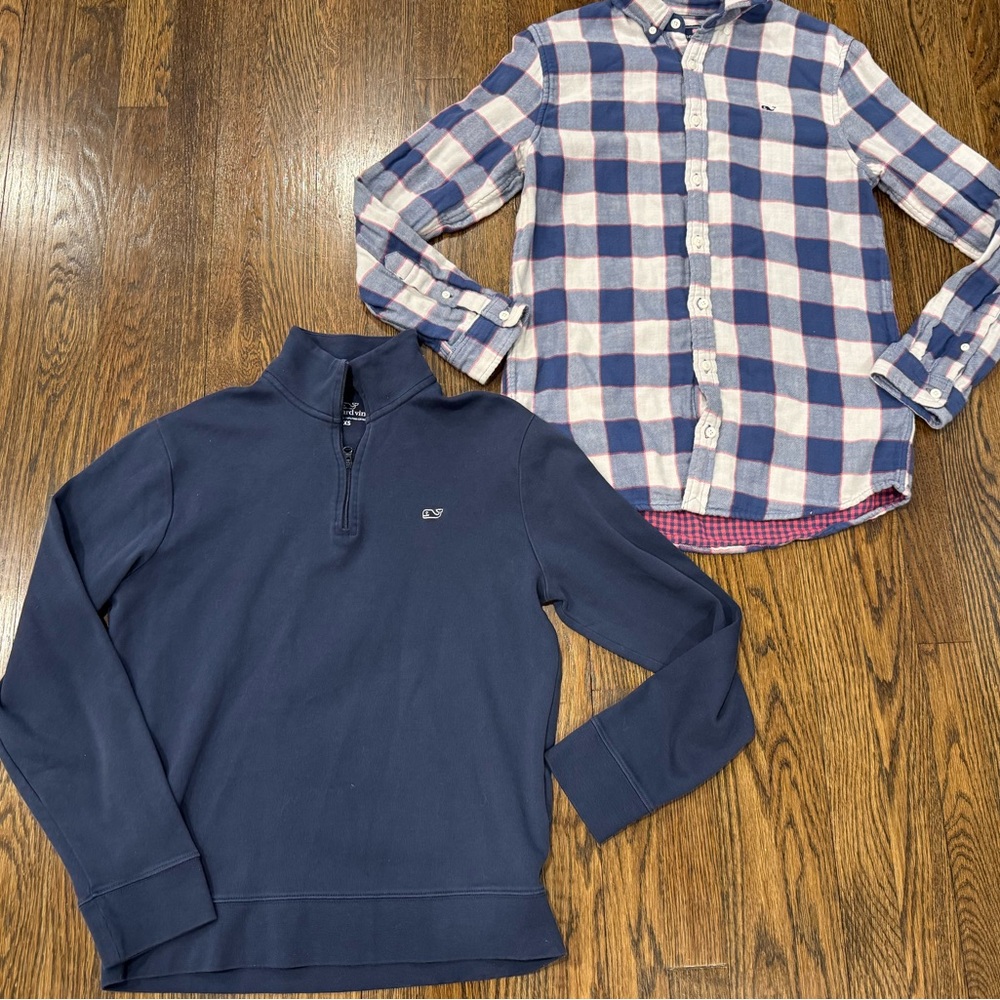 Vineyard Vines Navy Pullover and Blue Plaid Button-Down Shirt boys size xl